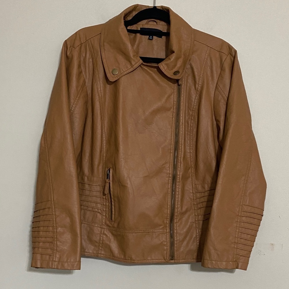 New Look Camel vegan Leather biker Jacket women 2X full zip casual office retro